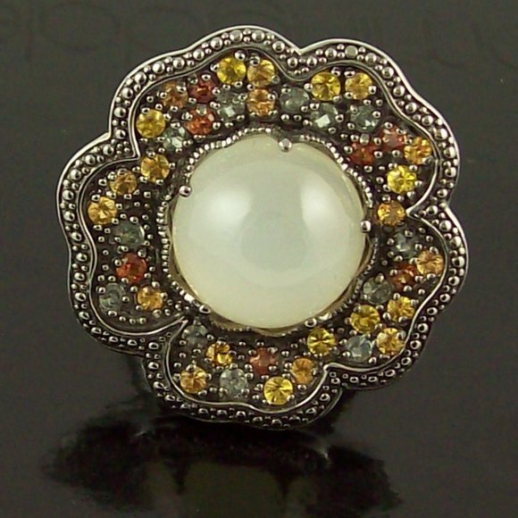Sima K Moonstone and Sapphire Sterling Flower Ring - Picture 2 of 9